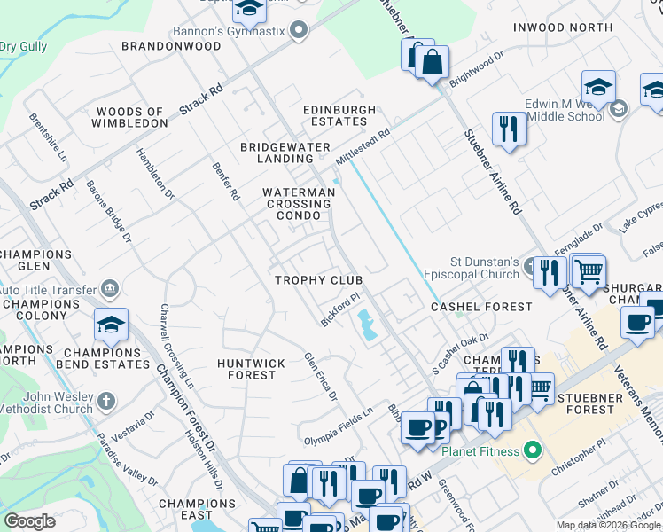 map of restaurants, bars, coffee shops, grocery stores, and more near 14515 Wunderlich Drive in Houston