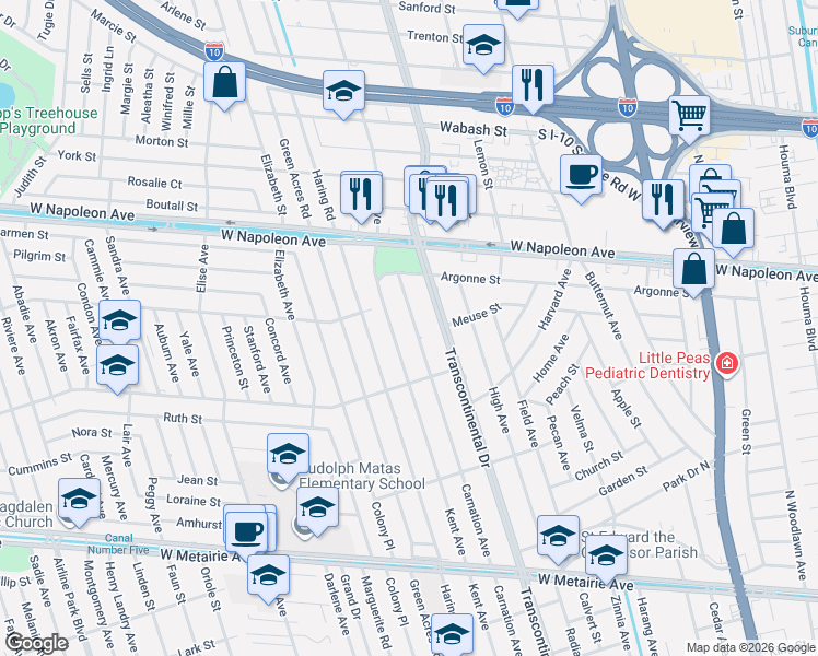 map of restaurants, bars, coffee shops, grocery stores, and more near 1713 Kent Avenue in Metairie