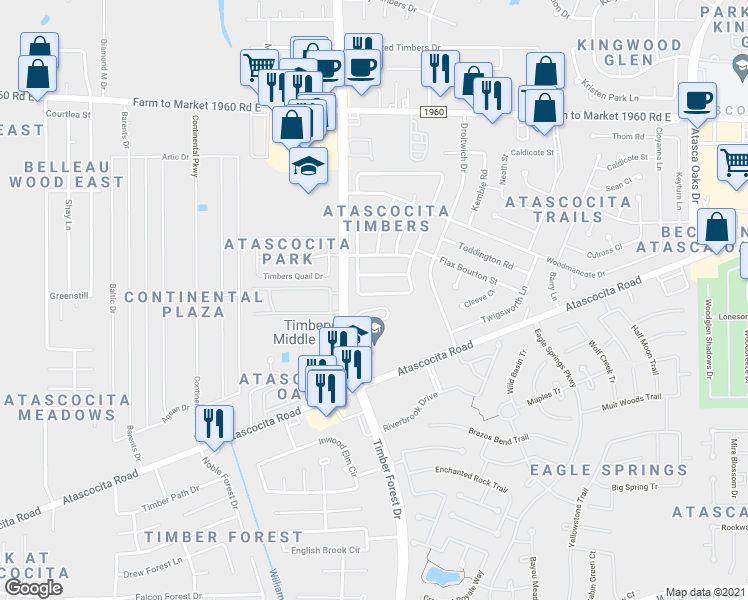 map of restaurants, bars, coffee shops, grocery stores, and more near 5418 Trail Timbers Drive in Humble