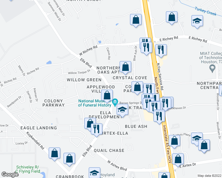 map of restaurants, bars, coffee shops, grocery stores, and more near 15430 Ella Boulevard in Houston