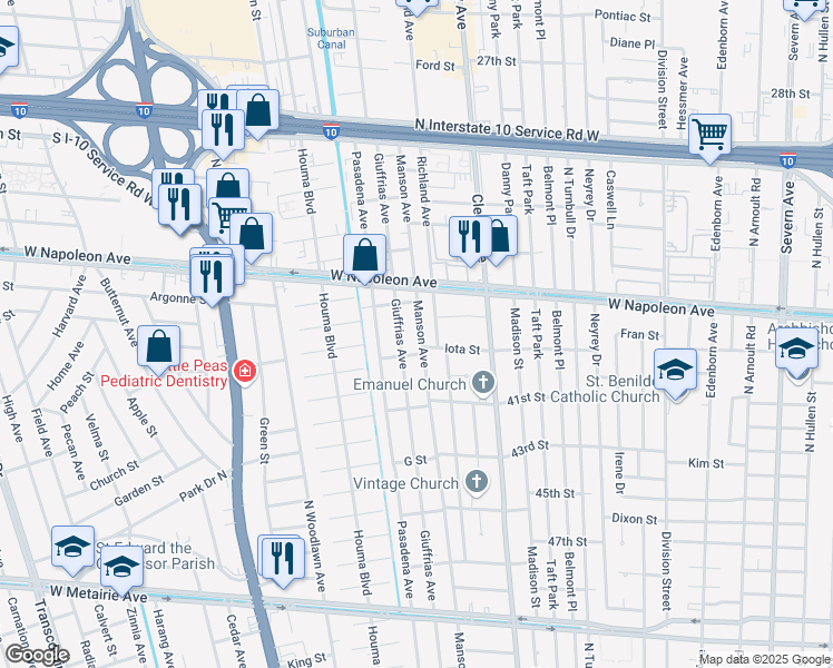 map of restaurants, bars, coffee shops, grocery stores, and more near 1916 Manson Avenue in Metairie