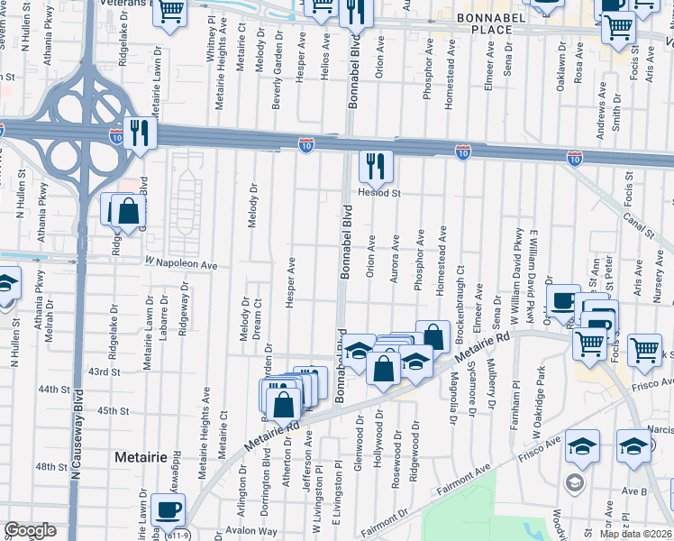 map of restaurants, bars, coffee shops, grocery stores, and more near 1816 Homer Street in Metairie