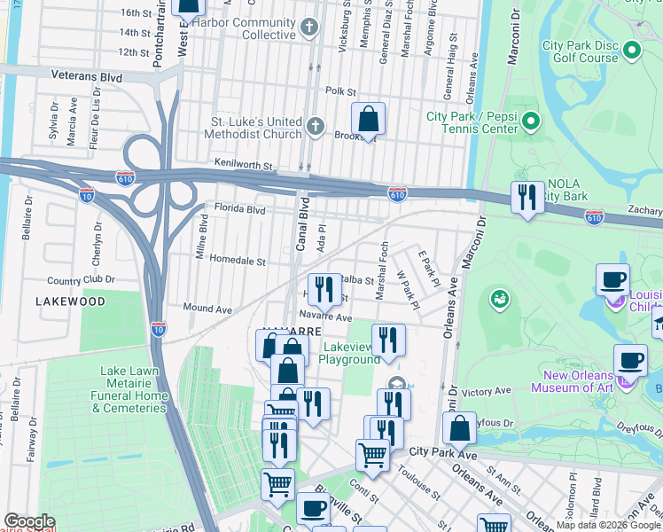 map of restaurants, bars, coffee shops, grocery stores, and more near 5629 Ada Place in New Orleans