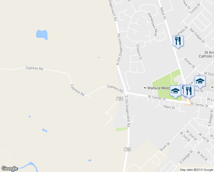 map of restaurants, bars, coffee shops, grocery stores, and more near 0 Cypress Road in Kyle