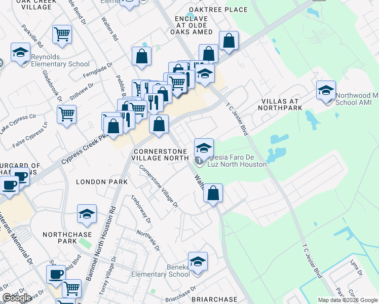 map of restaurants, bars, coffee shops, grocery stores, and more near 14402 Walters Road in Houston