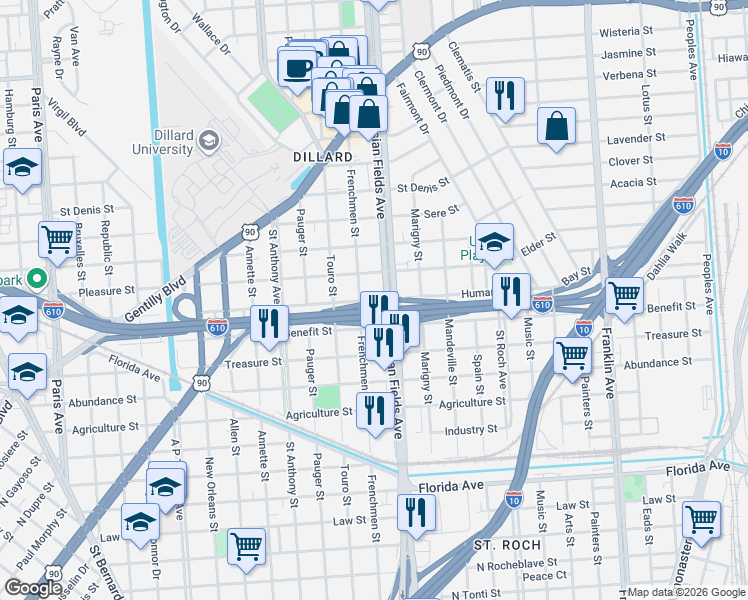 map of restaurants, bars, coffee shops, grocery stores, and more near 3329 Frenchmen Street in New Orleans