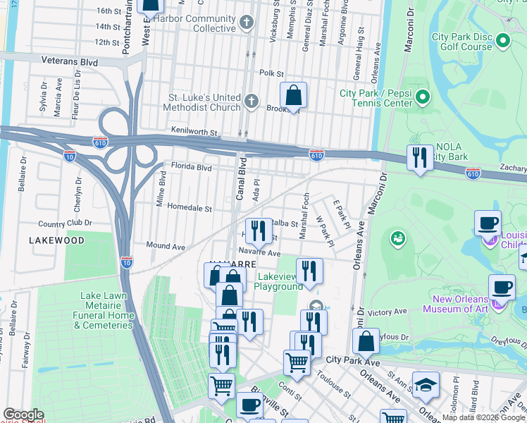 map of restaurants, bars, coffee shops, grocery stores, and more near 5629 Ada Place in New Orleans