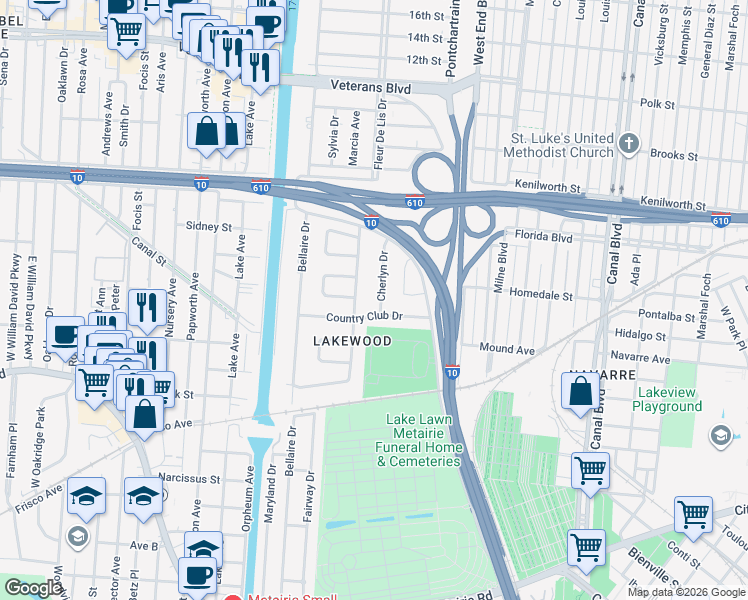 map of restaurants, bars, coffee shops, grocery stores, and more near 5565 Marcia Avenue in New Orleans
