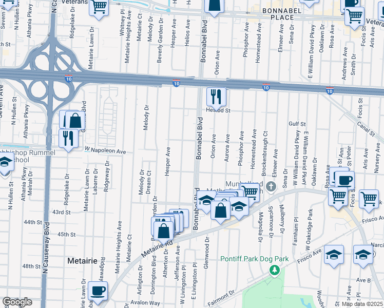 map of restaurants, bars, coffee shops, grocery stores, and more near 1816 Homer Street in Metairie