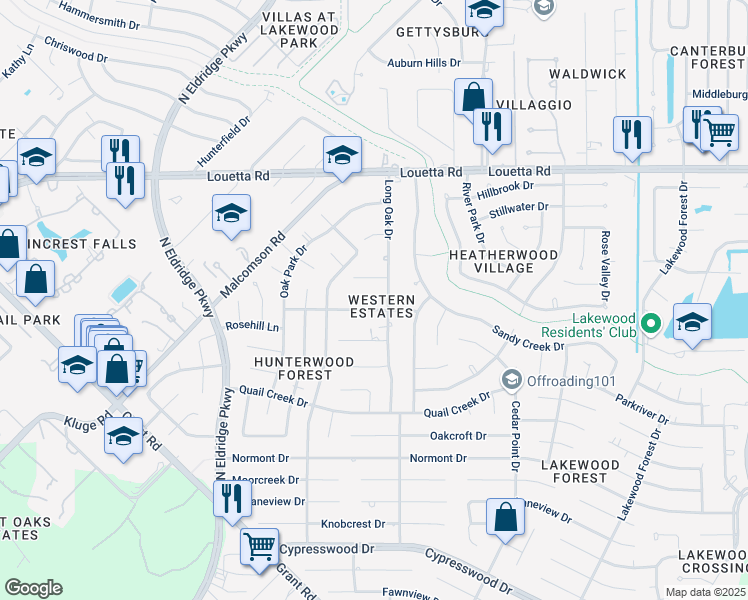 map of restaurants, bars, coffee shops, grocery stores, and more near 15014 Long Oak Drive in Houston