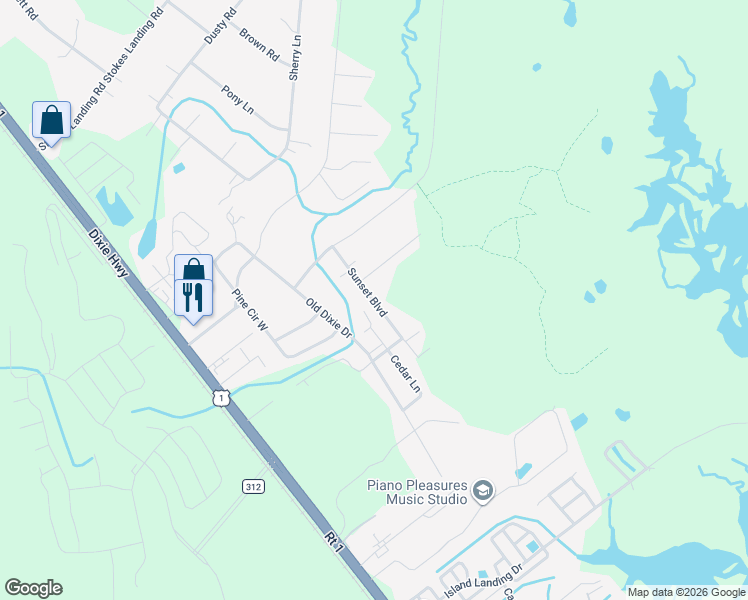 map of restaurants, bars, coffee shops, grocery stores, and more near 6355 Sunset Boulevard in St. Augustine