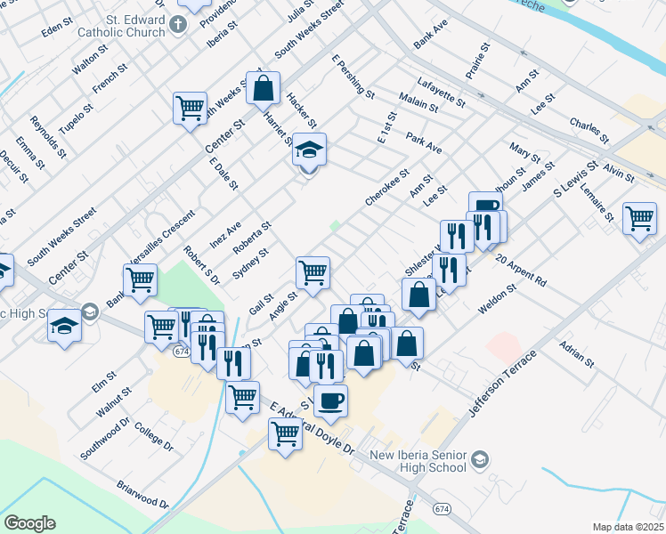 map of restaurants, bars, coffee shops, grocery stores, and more near 708 China Street in New Iberia
