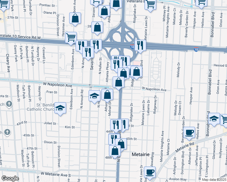 map of restaurants, bars, coffee shops, grocery stores, and more near in Metairie