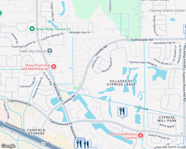 map of restaurants, bars, coffee shops, grocery stores, and more near 19018 Moss Bay Lane in Cypress
