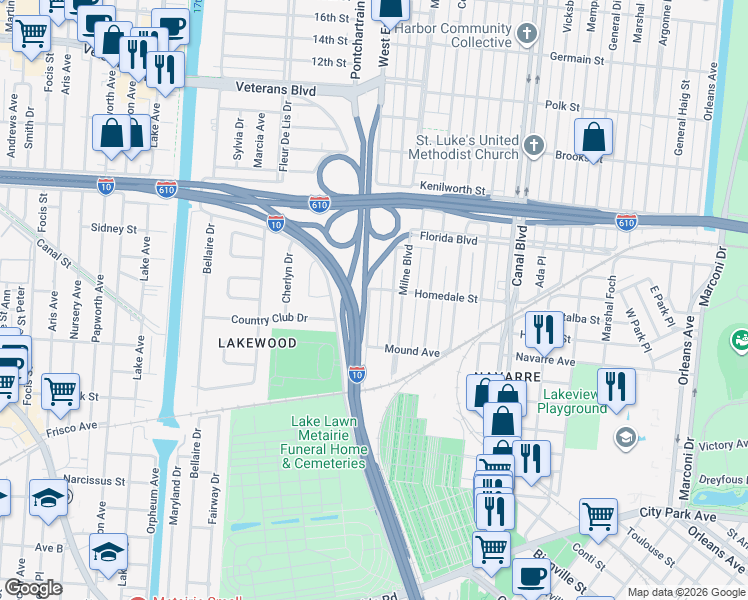 map of restaurants, bars, coffee shops, grocery stores, and more near 5603 West End Boulevard in New Orleans