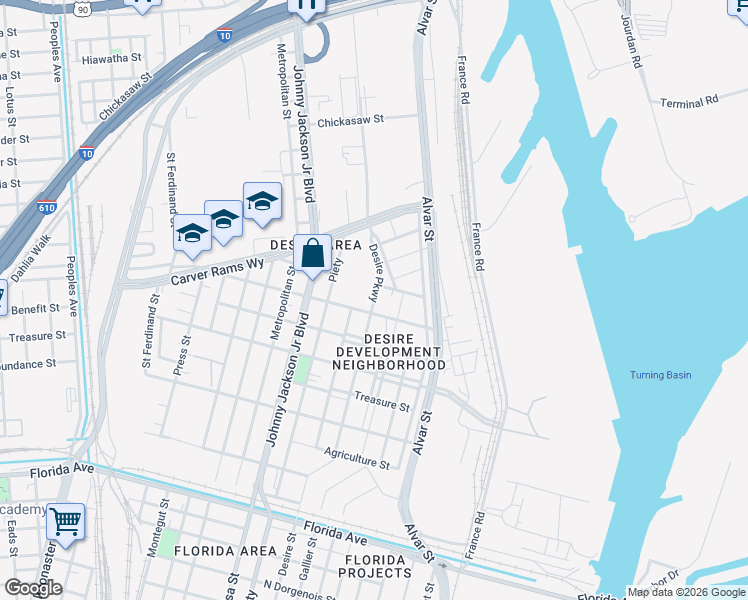 map of restaurants, bars, coffee shops, grocery stores, and more near 3464-3482 Desire Pkwy in New Orleans