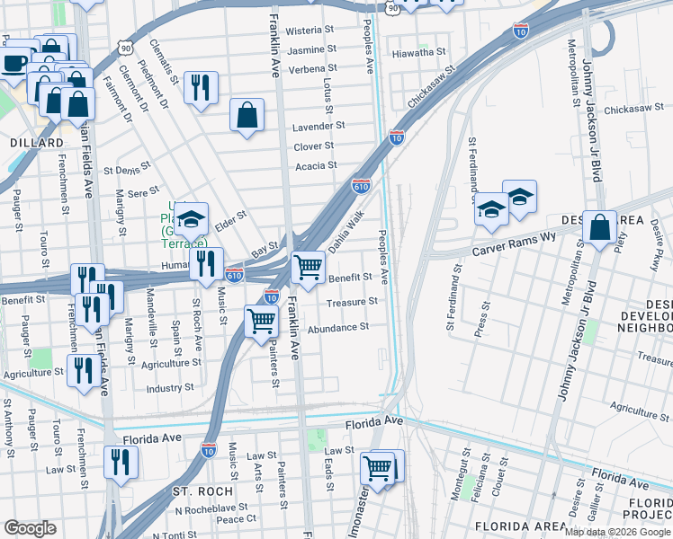 map of restaurants, bars, coffee shops, grocery stores, and more near 2649 Dahlia Walk in New Orleans