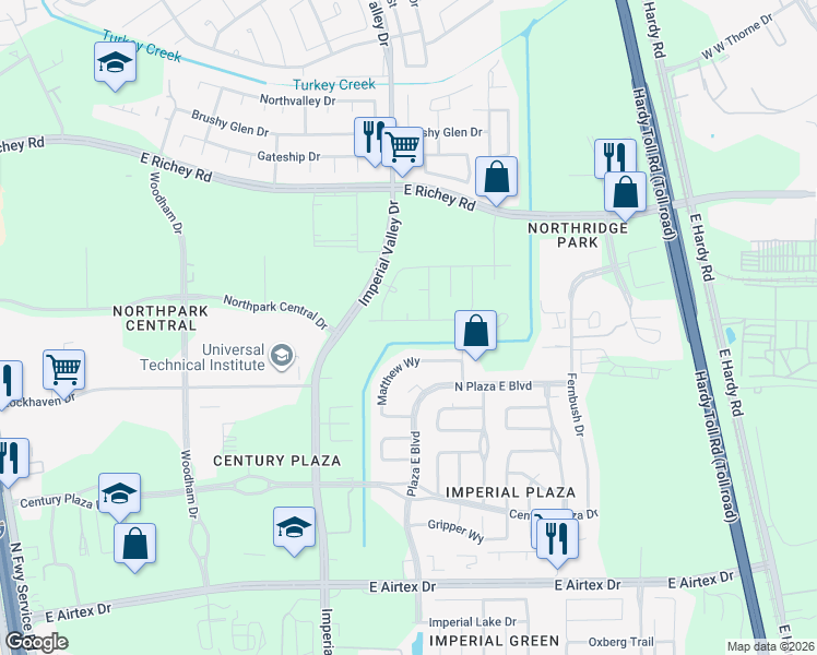 map of restaurants, bars, coffee shops, grocery stores, and more near 20707 Sycamore Wind Court in Houston
