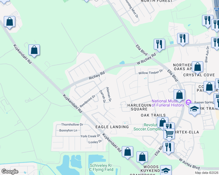 map of restaurants, bars, coffee shops, grocery stores, and more near 14346 Alaman Drive in Houston