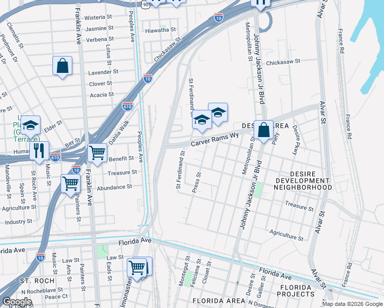 map of restaurants, bars, coffee shops, grocery stores, and more near 3251 Saint Ferdinand Street in New Orleans