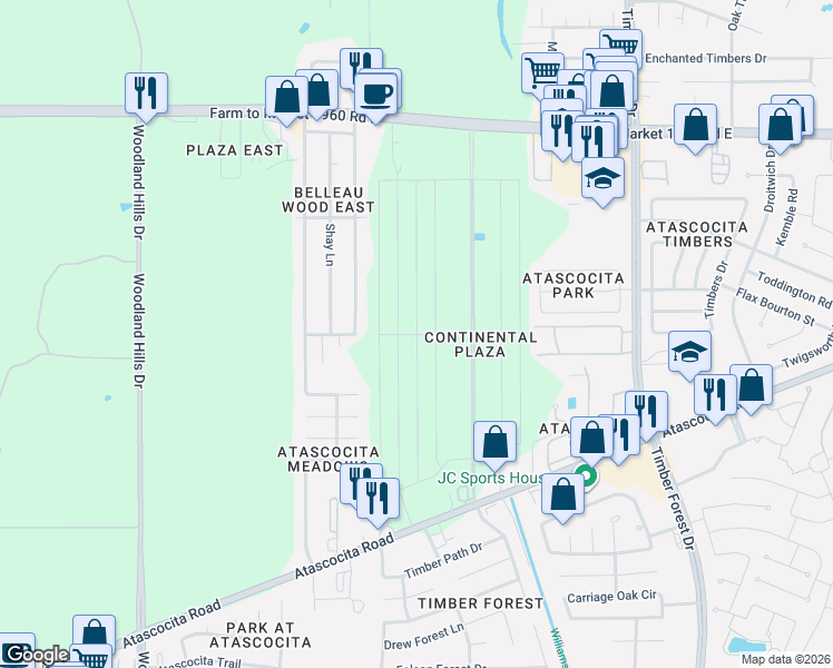 map of restaurants, bars, coffee shops, grocery stores, and more near Indian Ocean Drive in Atascocita