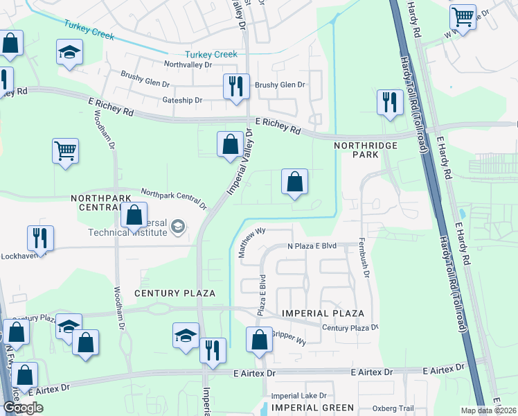 map of restaurants, bars, coffee shops, grocery stores, and more near 20707 Sycamore Wind Court in Houston