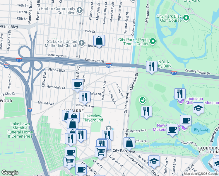 map of restaurants, bars, coffee shops, grocery stores, and more near 5635 Marshal Foch in New Orleans