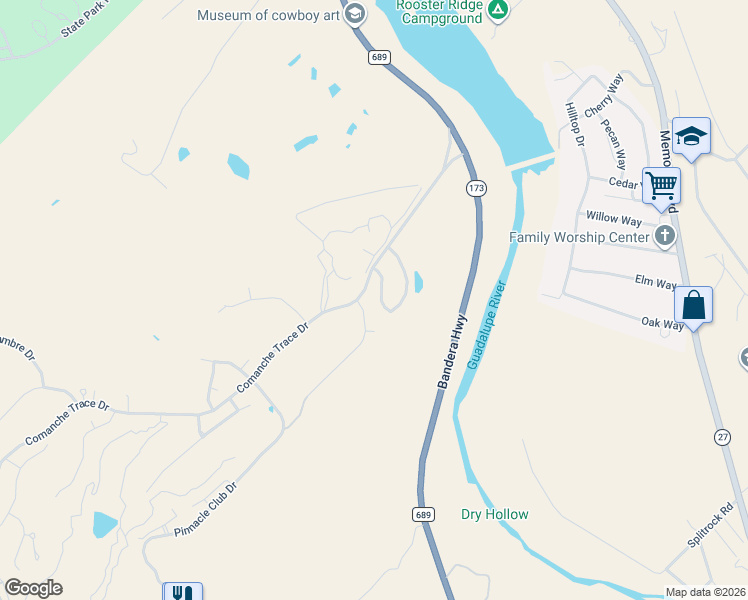 map of restaurants, bars, coffee shops, grocery stores, and more near Comanche Trace Dr in Kerrville