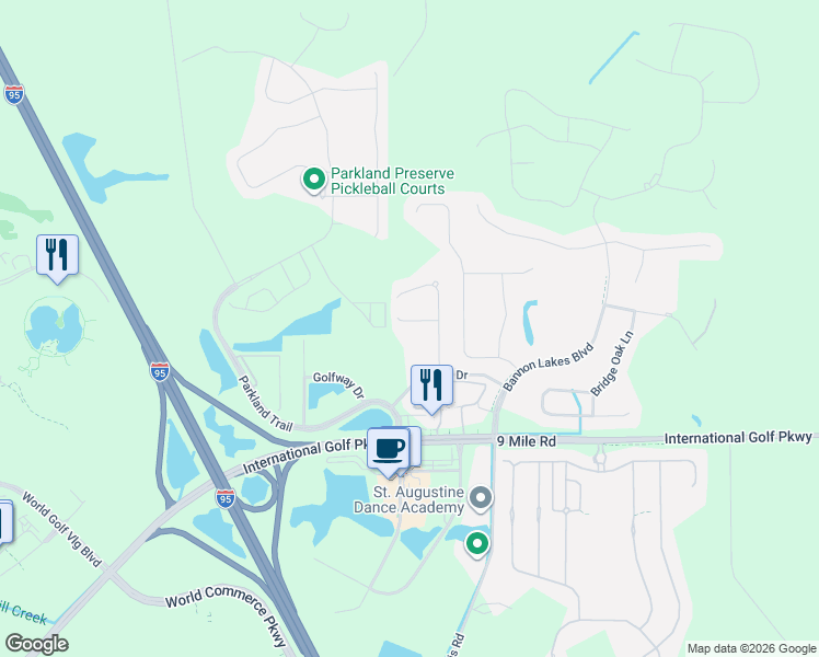 map of restaurants, bars, coffee shops, grocery stores, and more near 20 Crystal Crest Lane in St. Augustine