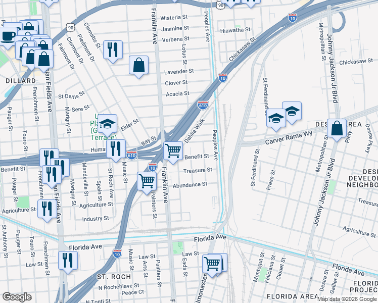 map of restaurants, bars, coffee shops, grocery stores, and more near 2649 Dahlia Walk in New Orleans
