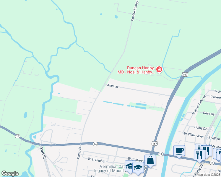 map of restaurants, bars, coffee shops, grocery stores, and more near 1504 Coulee Kinney Road in Abbeville