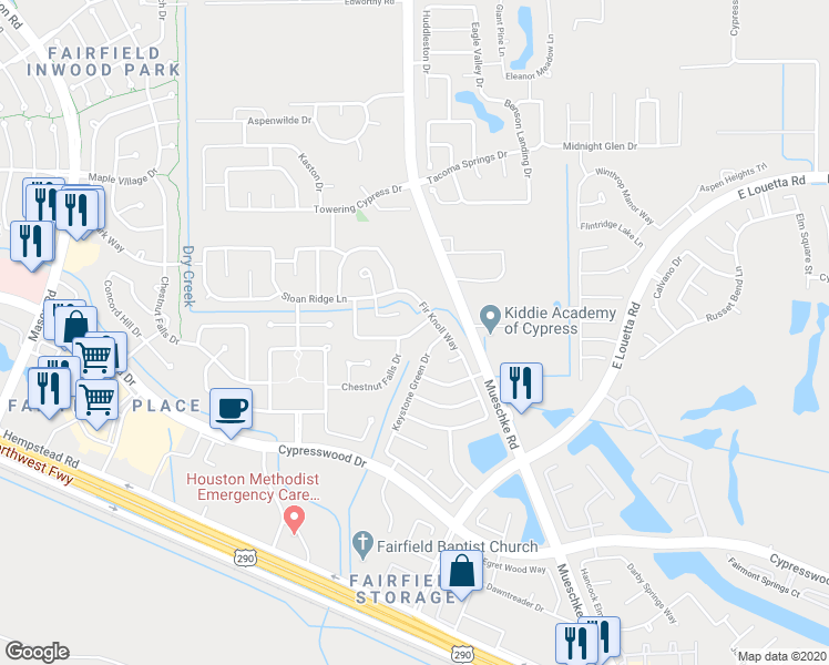 map of restaurants, bars, coffee shops, grocery stores, and more near 19622 Atherton Bend Lane in Cypress