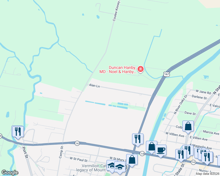 map of restaurants, bars, coffee shops, grocery stores, and more near 304 Alan Lane in Abbeville