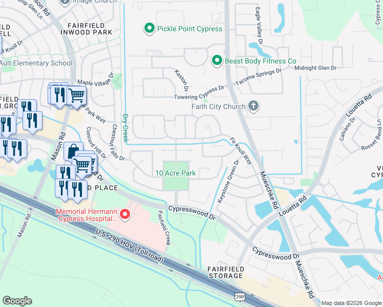 map of restaurants, bars, coffee shops, grocery stores, and more near 19811 Black Cherry Bend Court in Cypress