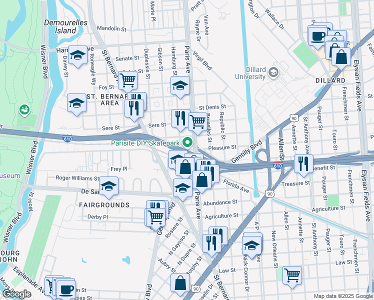 map of restaurants, bars, coffee shops, grocery stores, and more near 1606 Pleasure Street in New Orleans