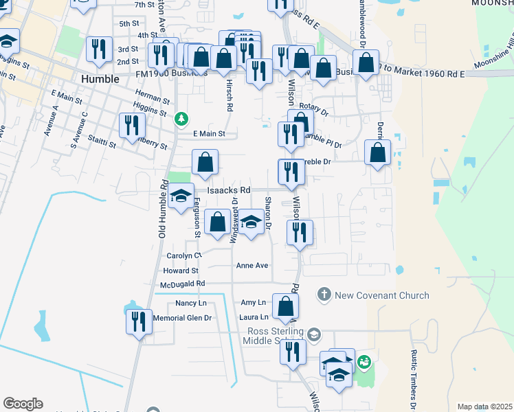 map of restaurants, bars, coffee shops, grocery stores, and more near 502 Lakeland Drive in Humble