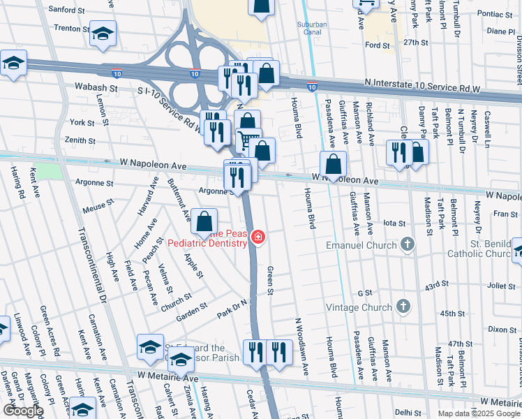 map of restaurants, bars, coffee shops, grocery stores, and more near 2013 Green Street in Metairie
