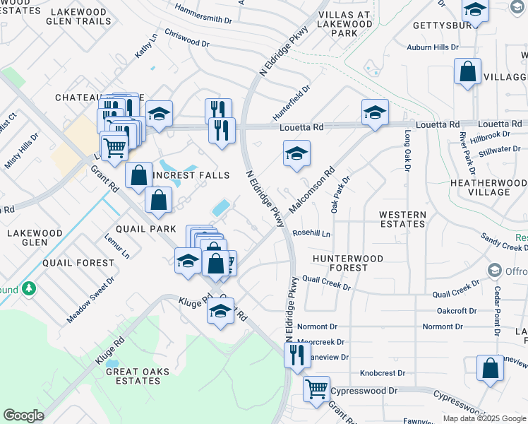 map of restaurants, bars, coffee shops, grocery stores, and more near 15055 North Eldridge Parkway in Cypress