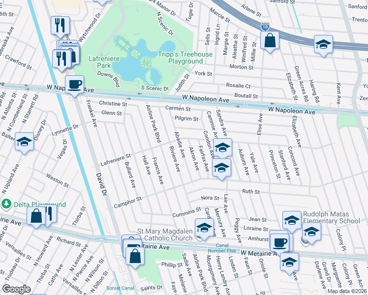 map of restaurants, bars, coffee shops, grocery stores, and more near 1900 Abadie Avenue in Metairie