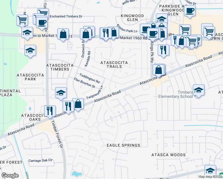 map of restaurants, bars, coffee shops, grocery stores, and more near 18810 Barry Lane in Humble