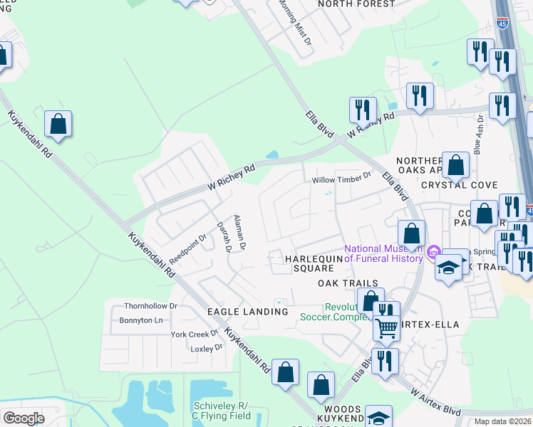 map of restaurants, bars, coffee shops, grocery stores, and more near 14346 Alaman Drive in Houston
