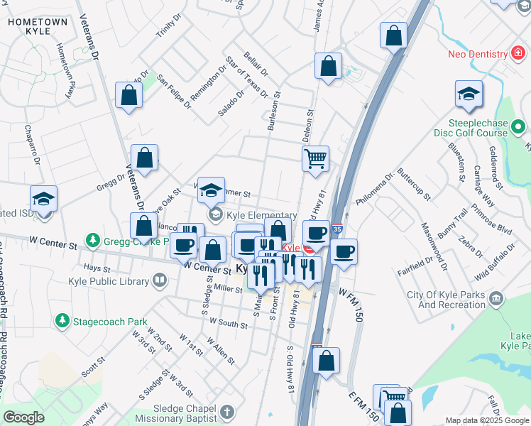 map of restaurants, bars, coffee shops, grocery stores, and more near 208 North Street in Kyle