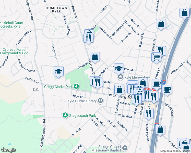 map of restaurants, bars, coffee shops, grocery stores, and more near 401 Rebel Drive in Kyle