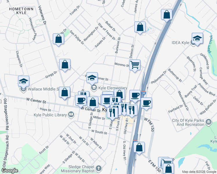 map of restaurants, bars, coffee shops, grocery stores, and more near 208 North Street in Kyle