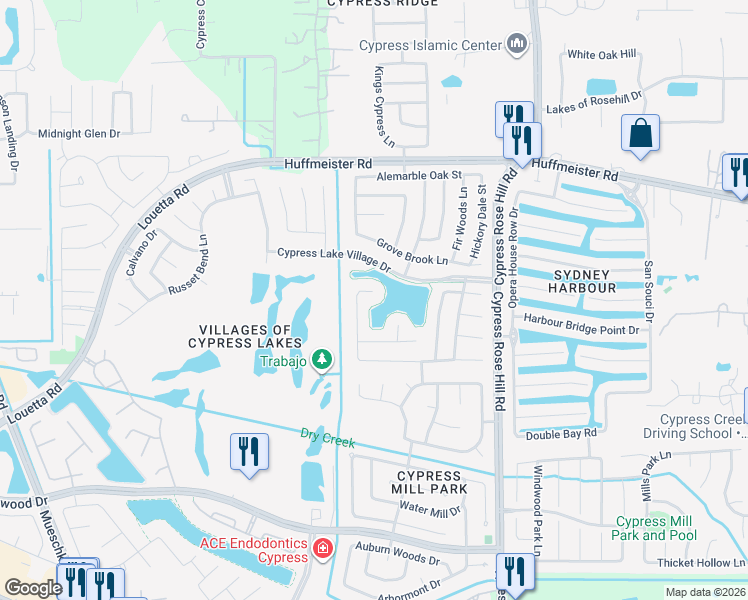 map of restaurants, bars, coffee shops, grocery stores, and more near 18511 By the Lake Court in Cypress