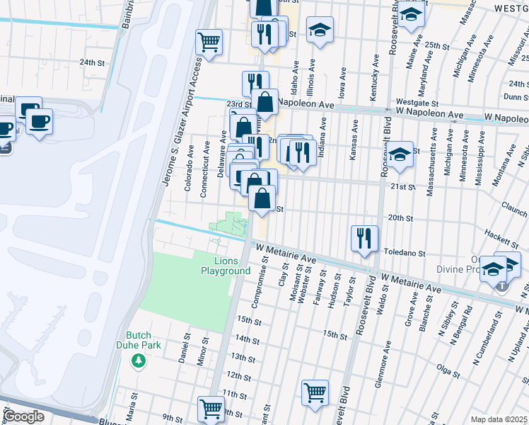 map of restaurants, bars, coffee shops, grocery stores, and more near 2000 Williams Boulevard in Kenner