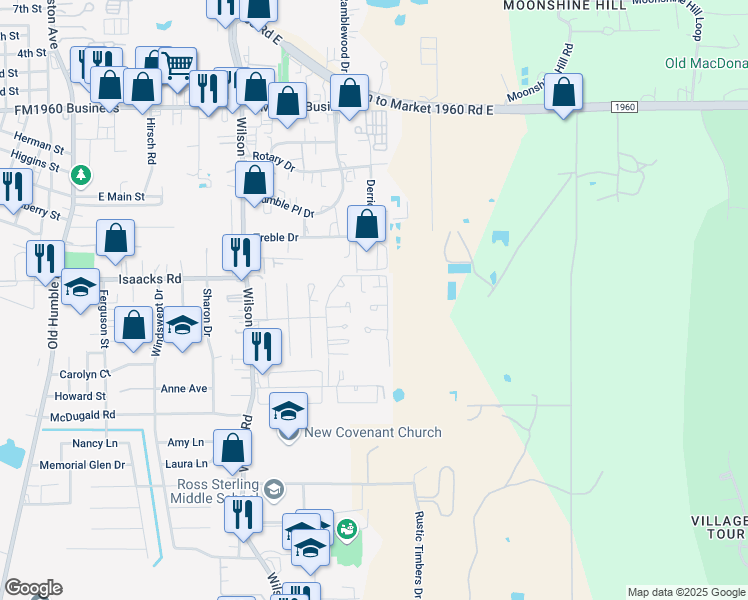 map of restaurants, bars, coffee shops, grocery stores, and more near 2061 Country Village Boulevard in Humble