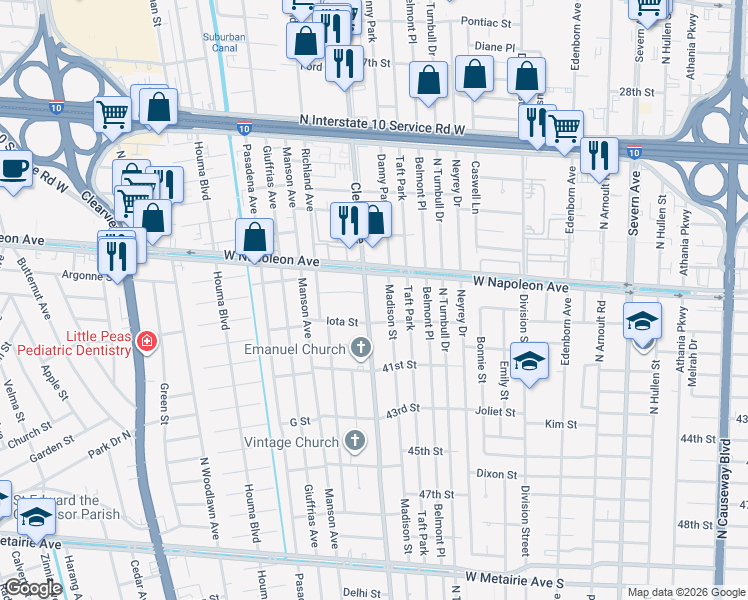 map of restaurants, bars, coffee shops, grocery stores, and more near in Metairie