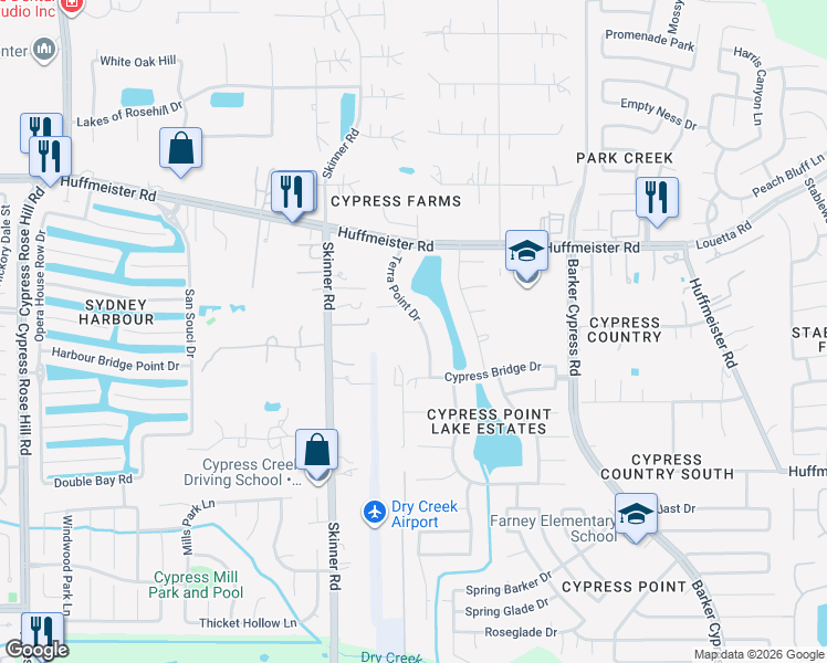 map of restaurants, bars, coffee shops, grocery stores, and more near 14926 Terra Point Drive in Cypress