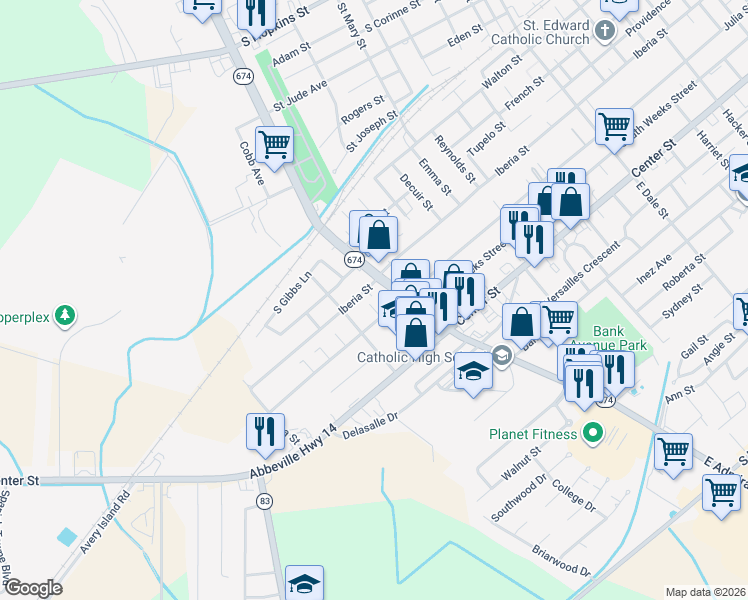 map of restaurants, bars, coffee shops, grocery stores, and more near 924 East Admiral Doyle Drive in New Iberia